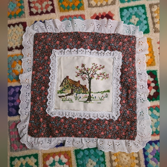 Hand Crafted Other - Vintage Embroidered Cross Stitch Lace Pillowcase Spring Cottage 13x13 Handmade